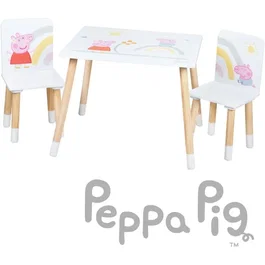 Roba Conjunto Mesa y 2 Sillas Infantiles Peppa Pig, Patas de Madera Maciza, Color Blanco Rosa Natural