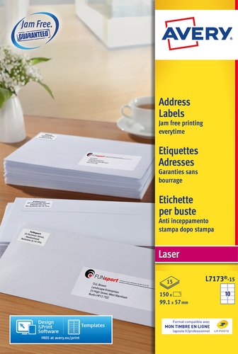 Etiquetas Adh.Impr.Avery A4 Blanca C.Romos Caja 15H 99,1X57 Mm 150 Uds.(L7173) (Set de 5) Etiquetas Adh.Impr.Avery A4 Blanca C.Romos Caja 15H 99,1X57 Mm 150 Uds.(L7173) (Set de 5)