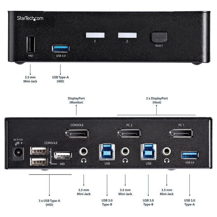 StarTech Switch KVM de 2 Puertos DisplayPort - 4K a 60Hz para Una Pantalla con Hub USB 3.0 y Audio - Controla 2 PCs - Modelo TAA