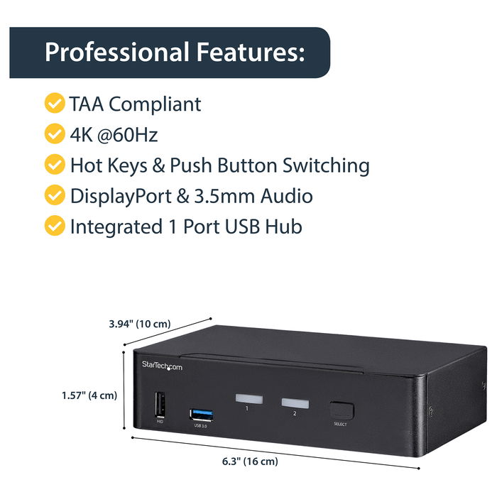 StarTech Switch KVM de 2 Puertos DisplayPort - 4K a 60Hz para Una Pantalla con Hub USB 3.0 y Audio - Controla 2 PCs - Modelo TAA