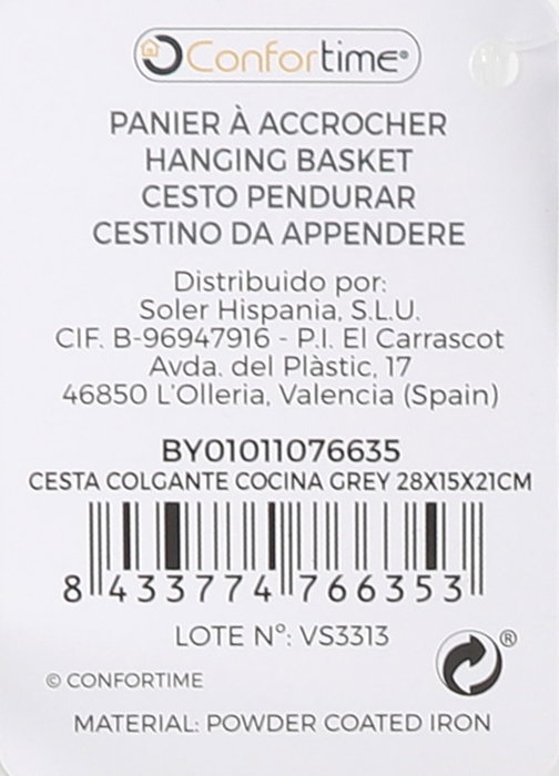 Confortime Cesta Colgante Cocina Grey 28 cm x 15 cm x 21 cm (12 Unidades)