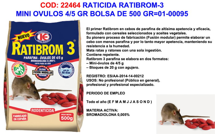 Baja Raticida Ratibrom-3 Mini Óvulos 500 g Bolsa de 500 g Baja Raticida Ratibrom-3 Mini Óvulos 500 g Bolsa de 500 g