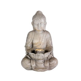 Lumineo - Fuente de Agua de Cerámica para Exterior Modelo Buda con Luz LED Cálida - 28 x 29,5 x 45 cm - Gris