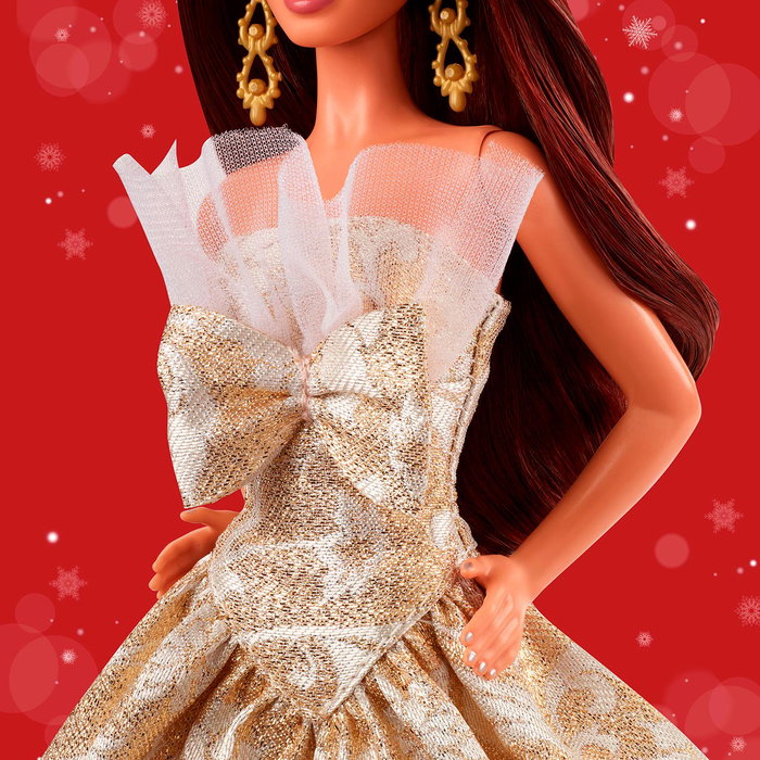 Barbie JBH97 Muñeca Holiday Morena Vestido Plateado y Dorado Edición 2025 Elegante Lujo Mattel