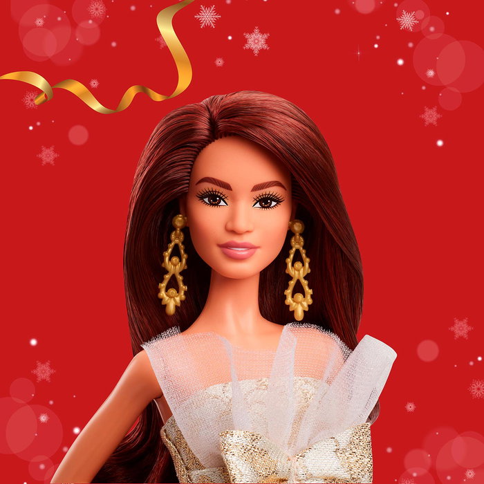 Barbie JBH97 Muñeca Holiday Morena Vestido Plateado y Dorado Edición 2025 Elegante Lujo Mattel