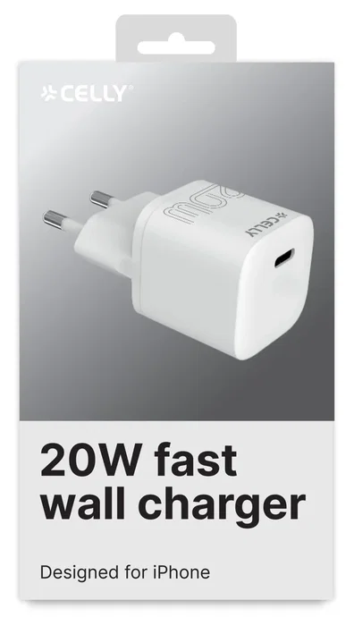 Celly UCTC1USBC20WWH - Cargador de Pared Ultracompacto 20W, 1 Puerto USB-C, Blanco, Universal, 110-240V