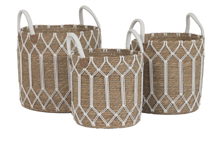 DKD Home Decor Set de 3 Cestas de Fibra y Algodón Natural 38x38x44 cm DKD Home Decor Set de 3 Cestas de Fibra y Algodón Natural 38x38x44 cm