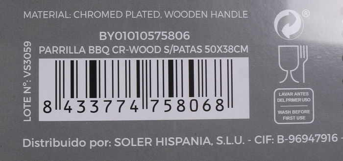 Algon BBQ Parrilla BBQ Cr-Wood sin Patas, Dimensiones 50.3 cm de Ancho x 66.1 cm de Largo x 2.1 cm de Alto, para Asados (8 Unidades)