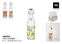 Inde Botella de Vidrio 1 Litro con Tapón Hermético Decoración Mecano - 8.25 x 32.2 cm (6 Unidades)