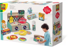 Ses SES8710341180089 Kit de juegos de cocina Su creatividad: cocina de madera, estufa, sartén, espátula, botella de aceite y 6 productos - 3 años