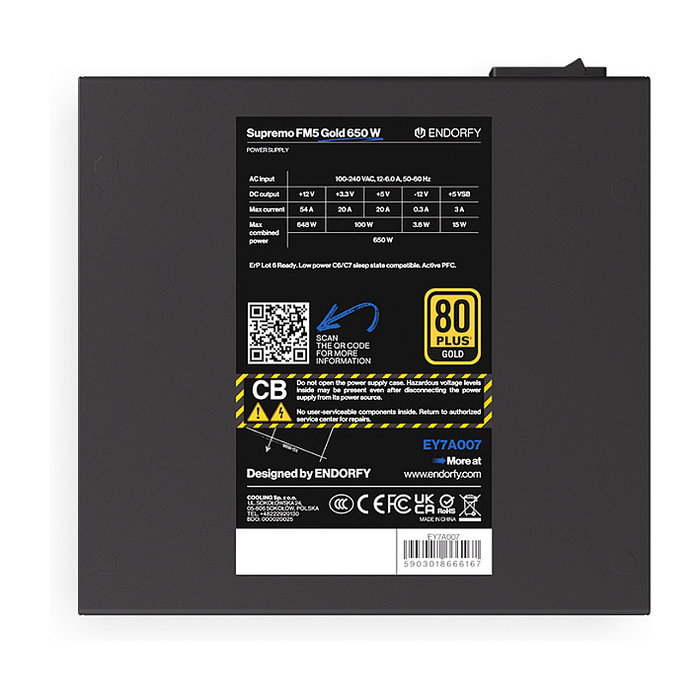 Endorfy Supremo FM5 650W - Fuente de alimentación ATX 80 Plus Gold, Fully Modular, 54A en +12V, 3x SATA, 6x PCIe 8-pin, Negro