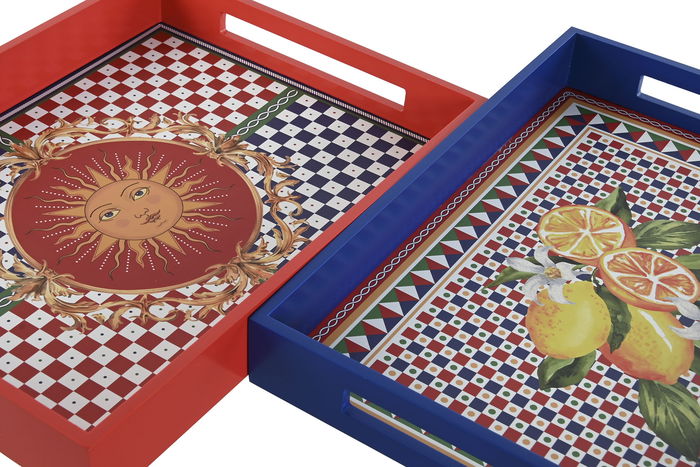 DKD Home Decor Bandeja Sicilia 2024 Mediterraneo Rojo Azul MDF 30 x 5 x 40 cm