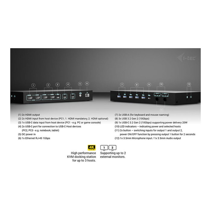 I-tec Docking Station KVM C31KVMDOCKPDPRO para 3 Hosts y Dual Video en Negro