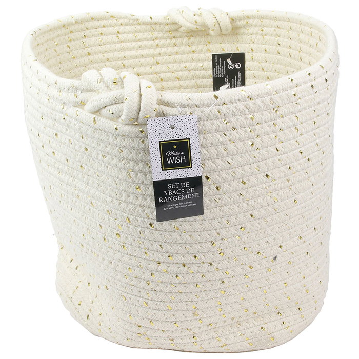 Totally Addict Make A Wish Juego de 3 Cestos Almacenar Blanco Algodón Fibra Dorada Encajables