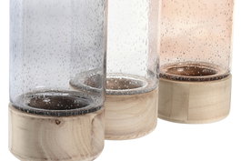 DKD Home Decor Jarrón Transparente Terracota Gris Cristal y Madera 10 x 25 x 10 cm (12 Unidades)