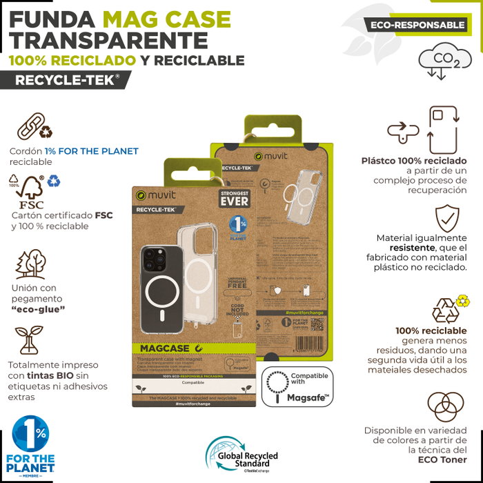 Muvit Funda Recycletek Magsafe para iPhone 15 - Material Reciclado y Reciclable, Protección Ecológica Muvit Funda Recycletek Magsafe para iPhone 15 - Material Reciclado y Reciclable, Protección Ecológica