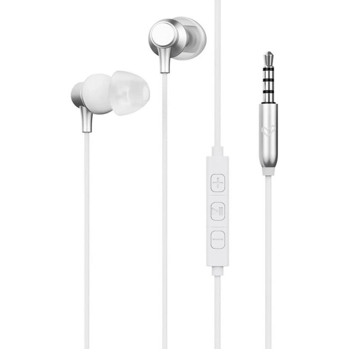 Energy Sistem Metallized Jack - Auriculares Intrauditivos con Cable 3.5 mm, Micrófono Integrado, Control de 3 Botones, Aluminio y Plástico Reciclado, 1.2 m, Plata y Blanco