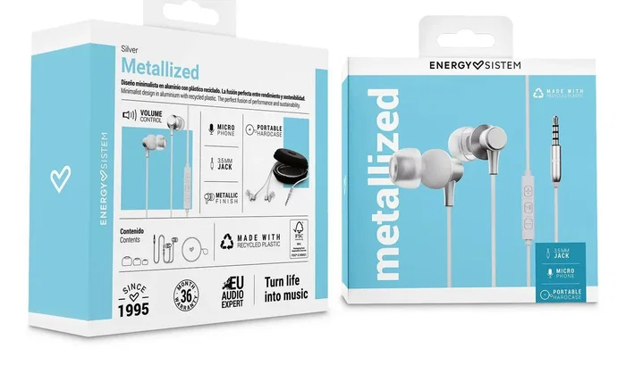 Energy Sistem Metallized - Auriculares Intrauditivos con Cable, Jack 3.5mm, Micrófono Integrado y Control Remoto de 3 Botones, Color Plata y Blanco