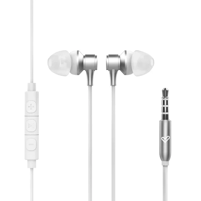 Energy Sistem Metallized - Auriculares Intrauditivos con Cable, Jack 3.5mm, Micrófono Integrado y Control Remoto de 3 Botones, Color Plata y Blanco