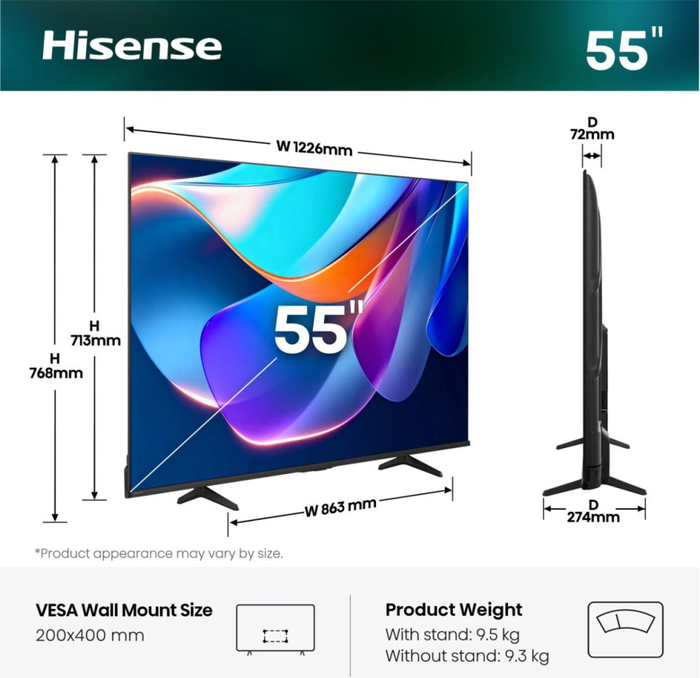 Hisense 55A6S Televisor Smart TV 55 Pulgadas (139.7 cm) QLED 4K Ultra HD 3840 x 2160 Pixeles, HDR10+, 60 Hz, Bluetooth 5.4, WiFi, Negro