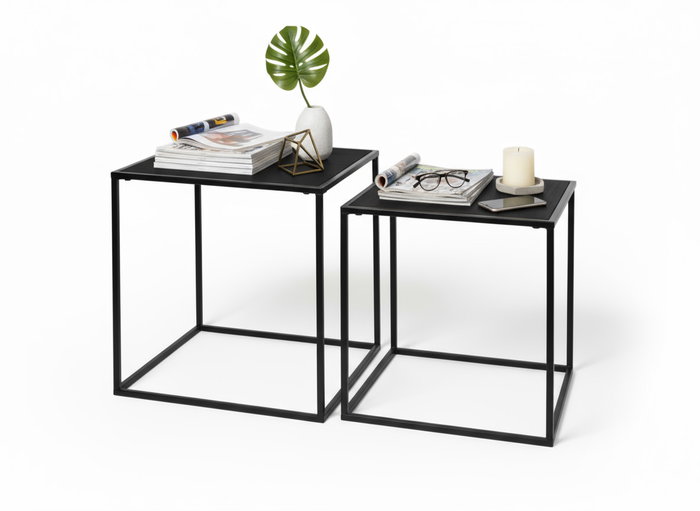 Inde Set de 2 Mesas Auxiliares de Centro en Negro, Medidas 37x37x40 cm y 33x33x35 cm, Moblekit (4 Unidades)