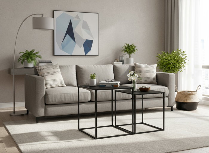 Inde Set de 2 Mesas Auxiliares de Centro en Negro, Medidas 37x37x40 cm y 33x33x35 cm, Moblekit (4 Unidades)