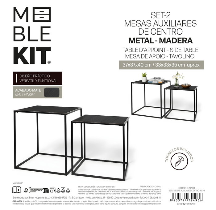 Inde Set de 2 Mesas Auxiliares de Centro en Negro, Medidas 37x37x40 cm y 33x33x35 cm, Moblekit (4 Unidades)
