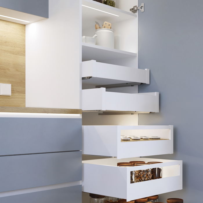 Emuca Cajón exterior Protone 30kg con guías de extracción total y cierre suave, Altura 93mm, profundidad 300mm, Acero, Pintado blanco