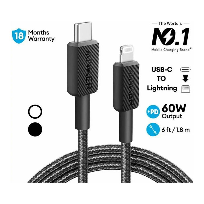 Anker A81B5G11 Cable USB-C a Lightning 0.9 m Negro, Conector Macho, Nylon, 30 W, Plug and Play