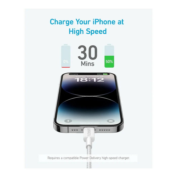 Anker A81B5G11 Cable USB-C a Lightning 0.9 m Negro, Conector Macho, Nylon, 30 W, Plug and Play