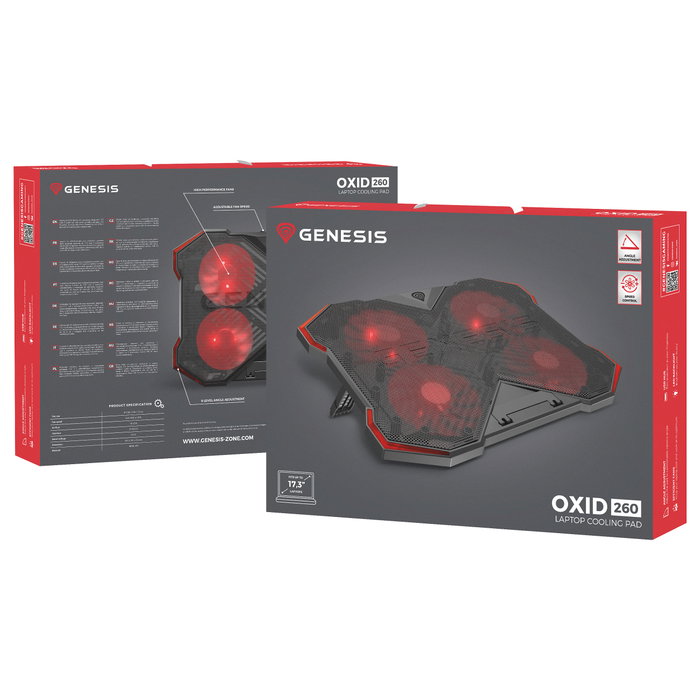 GENESIS Oxid 260 Base Refrigeradora para Portátil hasta 17.3 pulg, 4 Ventiladores, Negro y Rojo