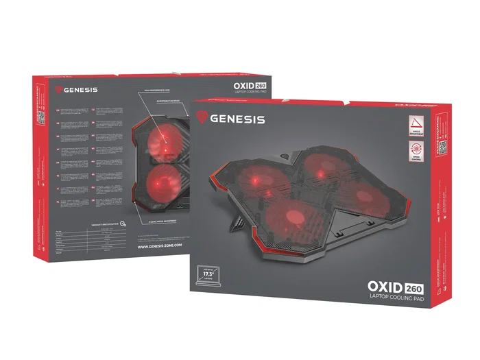 Genesis Oxid 260 Almohadilla Refrigeradora para Portátil 17.3" con 4 Ventiladores, 8 Ángulos Ajustables, Iluminación LED Roja y Concentrador USB 2.0 - Negro/Rojo