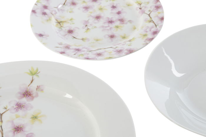 DKD Home Decor Vajilla Romantico Almendro 2024 Porcelana Set de 18 Piezas Rosa Verde Blanco 27 x 27 x 2 cm