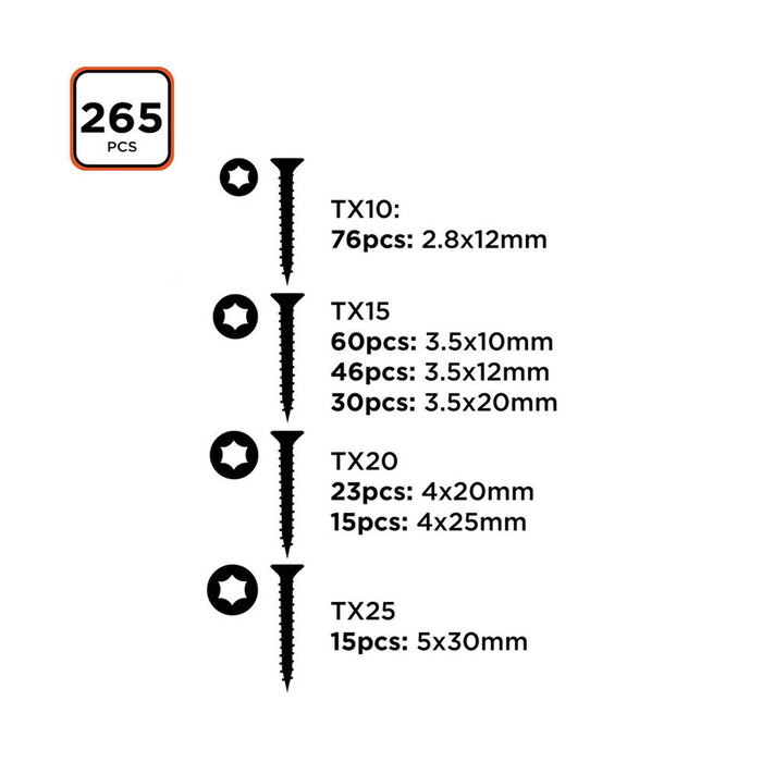 Black+Decker Surtido de tornillos torx 265 piezas
