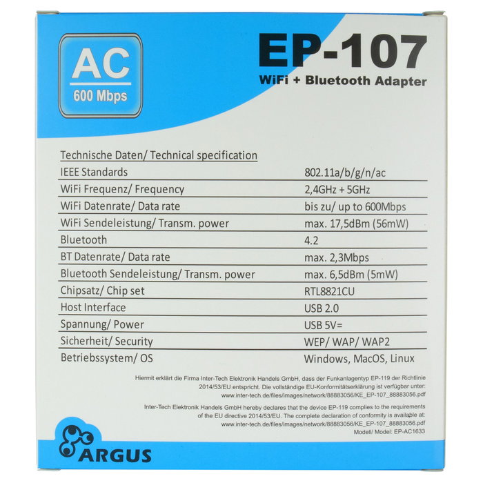 Inter-Tech Argus EP-107 Adaptador Wi-Fi 5 USB con Bluetooth 4.2 Inter-Tech Argus EP-107 Adaptador Wi-Fi 5 USB con Bluetooth 4.2