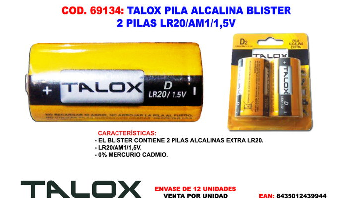 TALOX Pilas Alcalinas LR20 Blíster de 2 Unidades TALOX Pilas Alcalinas LR20 Blíster de 2 Unidades