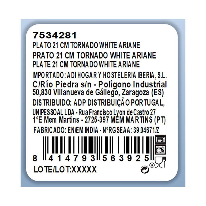 Plato Llano Porcelana Tornado White Ariane 21 cm