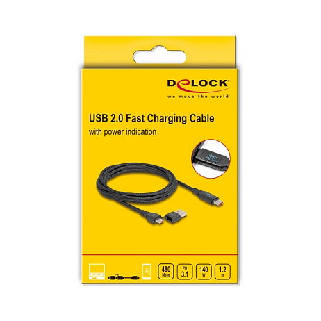 DeLOCK Cable USB 2.0 de carga rápida PD 3.1 140 W con indicador de potencia, 1,2 m