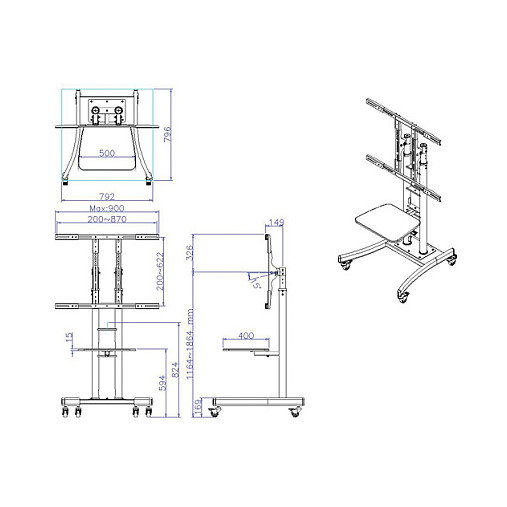 VALUE Soporte de TV/Rollständer Portátil Negro para Pantallas de 32" (81.28 cm) a 100" (254 cm) con Capacidad de 125 kg y Ajuste de Altura