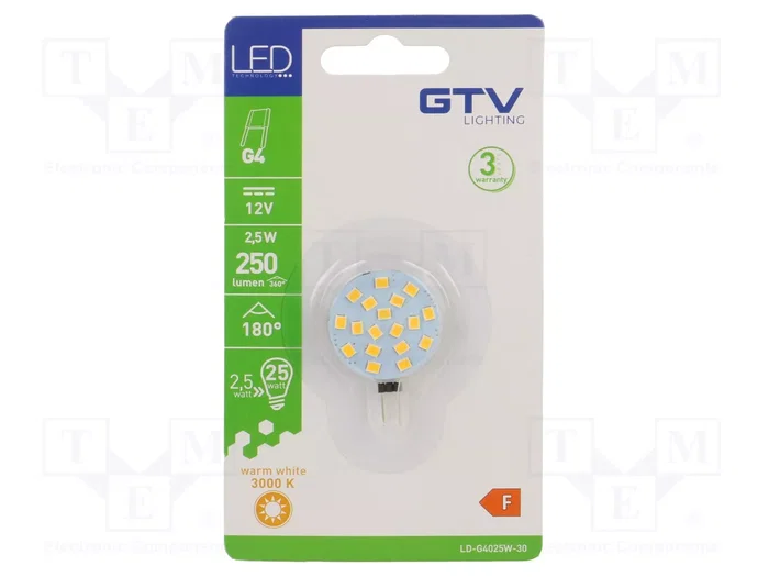 GTV Poland Lámpara LED G4 Blanco Caliente 12VDC 2,5W GTV Poland Lámpara LED G4 Blanco Caliente 12VDC 2,5W