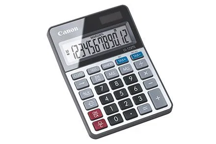 Canon LS-122TS Calculadora de Escritorio con Pantalla Gris, 12 Dígitos LCD, Funciones de Impuestos y Ganancia, Alimentación Solar/Batería LR44