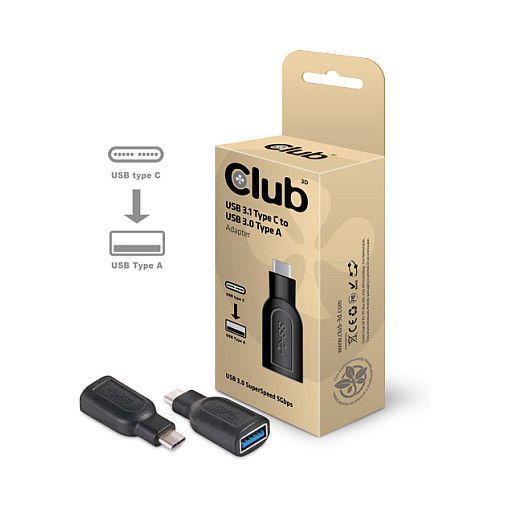 Club3D Adapter USB 3.1 Typ C > USB 3.0 Typ A St/Bu, 5 Gbit/s, 0,043 m, Negro