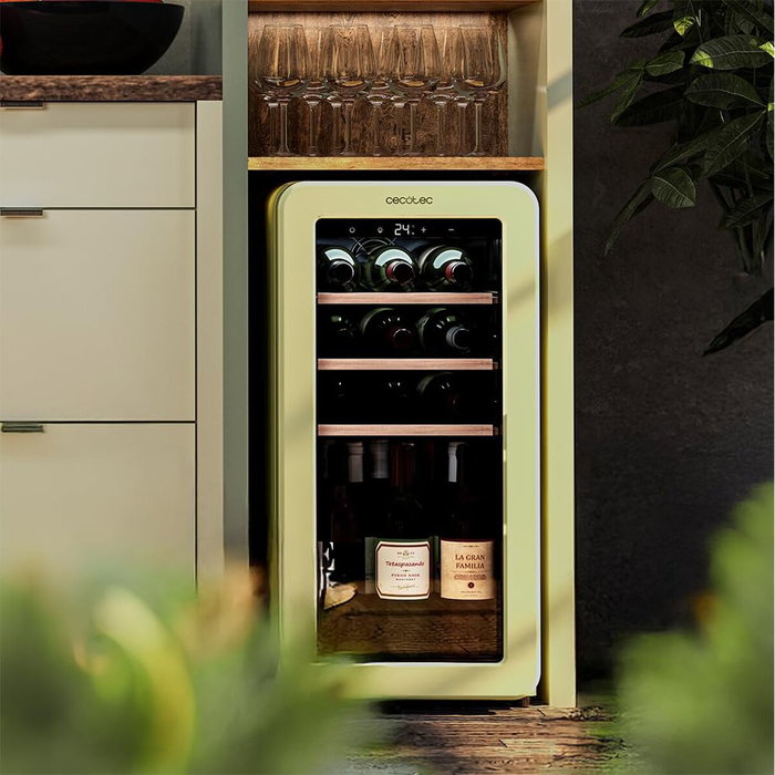 Cecotec Vinoteca Bolero GrandSommelier Origin 18 Hit 18 botellas retro beige NoFrost display LED