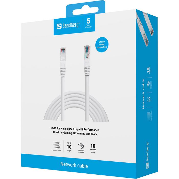 Sandberg Cable de Red UTP Cat6 10 m para Ethernet Gigabit, Conexión PC, Router, Switch