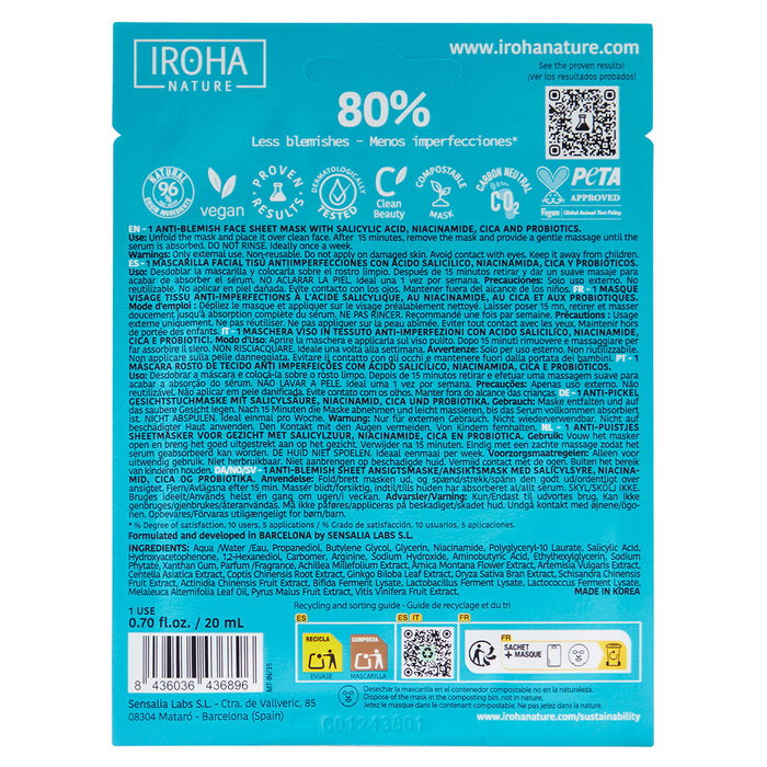 IROHA ANTI-BLEMISH Mascarilla Facial Tisú Anti-Imperfecciones para Acné y Puntos Negros con Ácido Salicílico y Niacinamida - 1 unidad