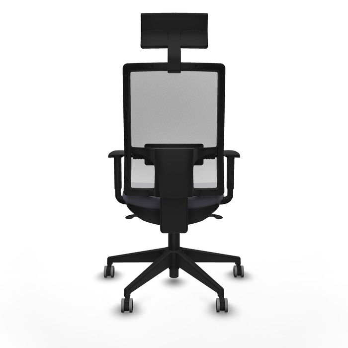 Silla de oficina Horna con mecanismo Sincro tapizada con Tela color Gris oscuro y malla color Blanco. Equipada con lumbar 1D, Brazos 1D, Cabecero Fijo y Ruedas 65 mm parqué