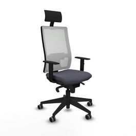 Silla de oficina Horna con mecanismo Sincro tapizada con Tela color Gris oscuro y malla color Blanco. Equipada con lumbar 1D, Brazos 1D, Cabecero Fijo y Ruedas 65 mm parqué