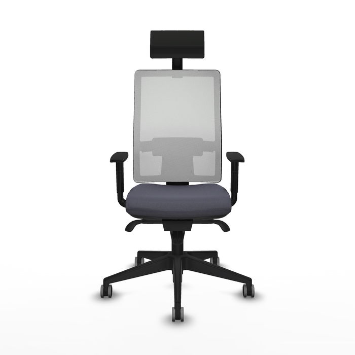 Silla de oficina Horna con mecanismo Sincro tapizada con Tela color Gris oscuro y malla color Blanco. Equipada con lumbar 1D, Brazos 1D, Cabecero Fijo y Ruedas 65 mm parqué