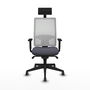 Silla de oficina Horna con mecanismo Sincro tapizada con Tela color Gris oscuro y malla color Blanco. Equipada con lumbar 1D, Brazos 1D, Cabecero Fijo y Ruedas 65 mm parqué