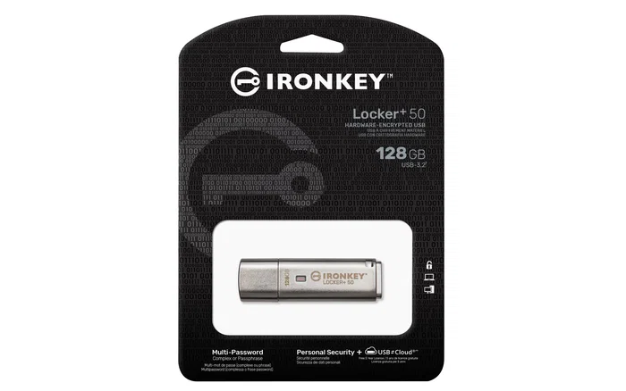 Kingston IronKey Locker+ 50 IKLP50/128GB - Pendrive USB 3.2 Gen 1 (USB-A) 128 GB, Cifrado Hardware AES-256, FIPS 197, Metal, Plata